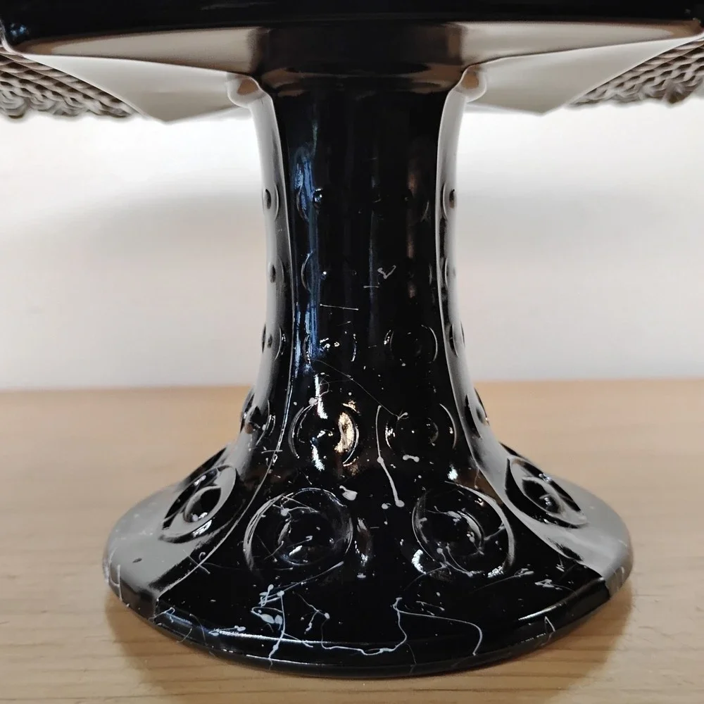 Vintage L E Smith Black Amethyst Glass Square Cake Stand Pedestal‎ White Drizzle